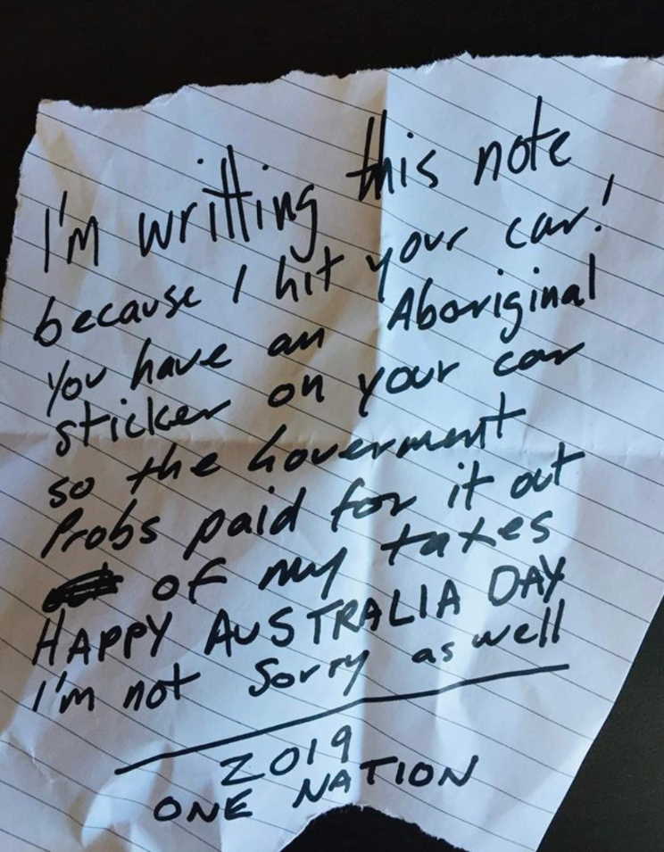 A driver left a racist note after hitting and elderly indigenous woman’s car in Brisbane last month. Source: Twitter/Flashblak