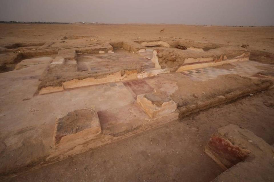 The multicolored tiles of the funeral building as seen from above.