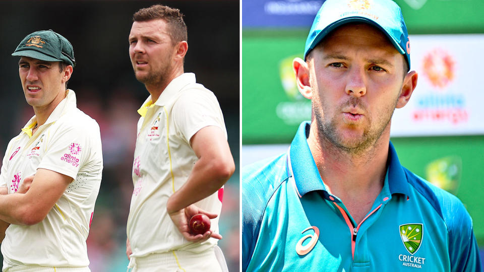 Pictured far left to right, Australia skipper Pat Cummins and teammate Josh Hazlewood.