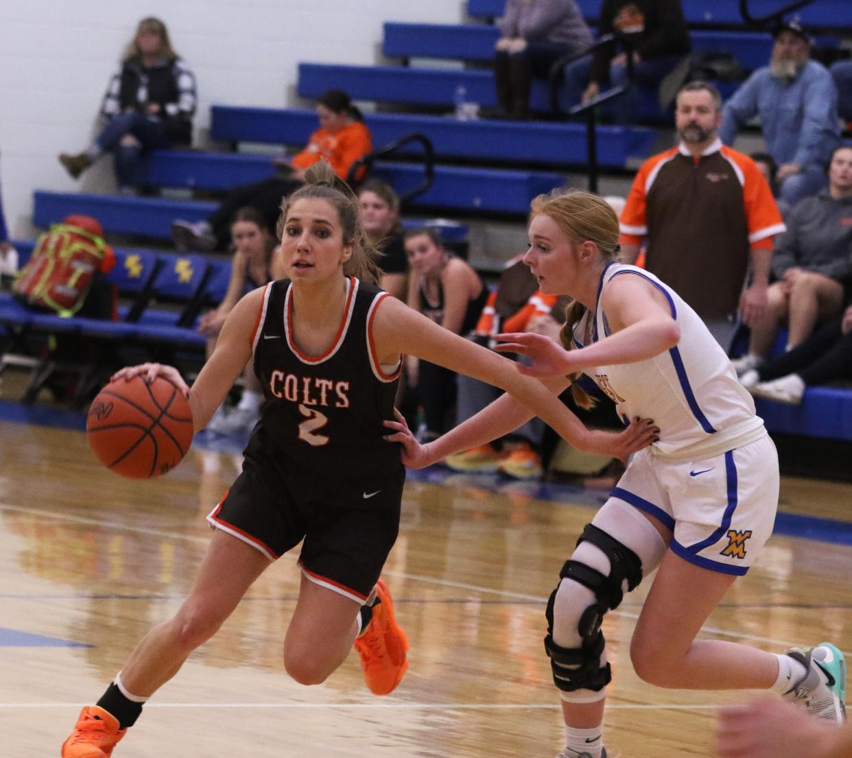 Meadowbrook's Kenli Norman dribbles around West Muskingum's Laney Johnson during Wednesday's 60-29 loss.