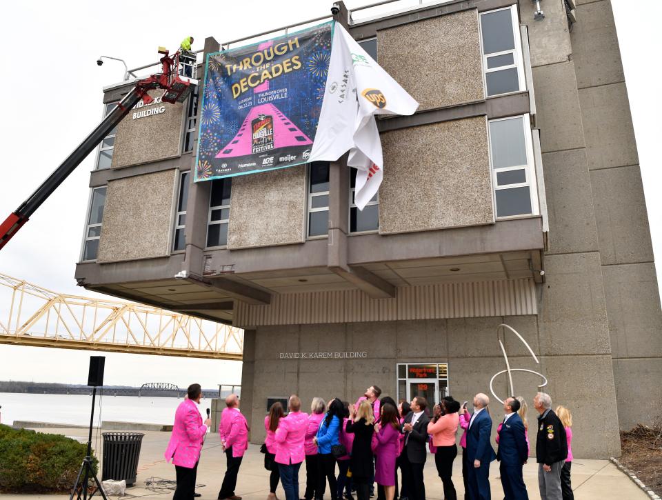 The Kentucky Derby Festival unveiled the banner for Thunder Over Louisville 2023, Thunder Through The Ages, Thursday, March 2 2023 at the David Karen Building in Louisville Ky.