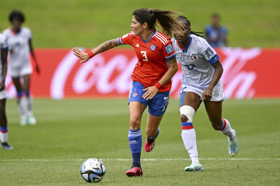 Carla Guerrero of Chile gestures during their FIFA women's World Cup qualifier against Haiti in Auckland, New Zealand, Wednesday, Feb. 22, 2023. (Andrew Cornaga/Photosport via AP)