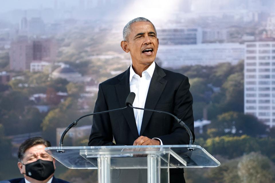 Former US President Barack Obama speaks during a groundbreaking ceremony for the Obama Presidential Center at Jackson Park on September 28, 2021 in Chicago, Illinois. Opening of the center is scheduled for 2025.