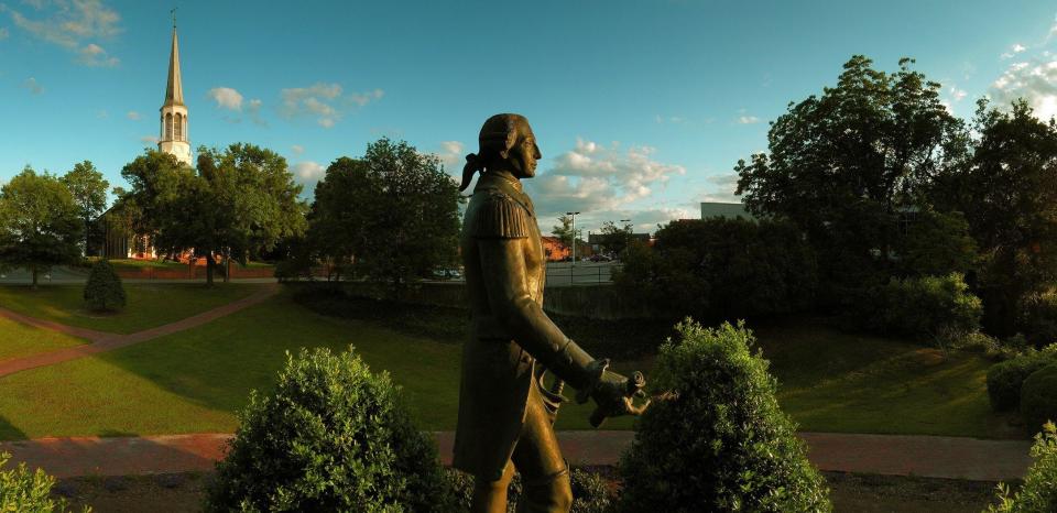 This 2006 file photo shows the statue of the Marquis de Lafayette at Cross Creek Park in downtown Fayetteville.