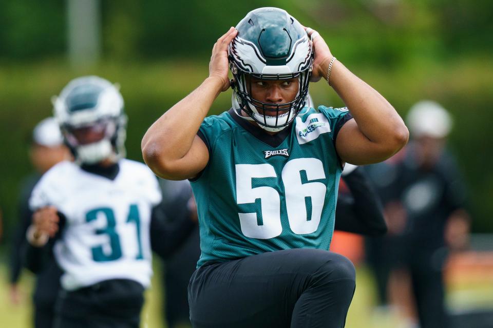 Philadelphia Eagles' Tyler Steen stretches during NFL rookie football minicamp, Friday, May 5, 2023, in Philadelphia.