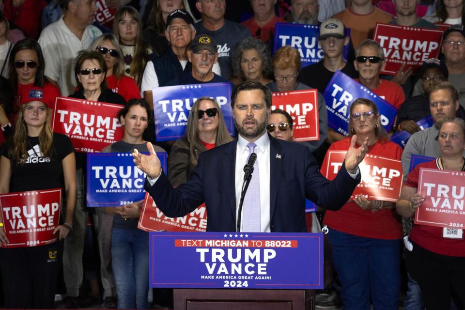 PHOTO: Republican vice presidential candidate Sen. JD Vance speaks to supporters during a campaign rally on the grounds of the Northwestern Michigan Fair on September 25, 2024 in Traverse City, Michigan. (Scott Olson/Getty Images)