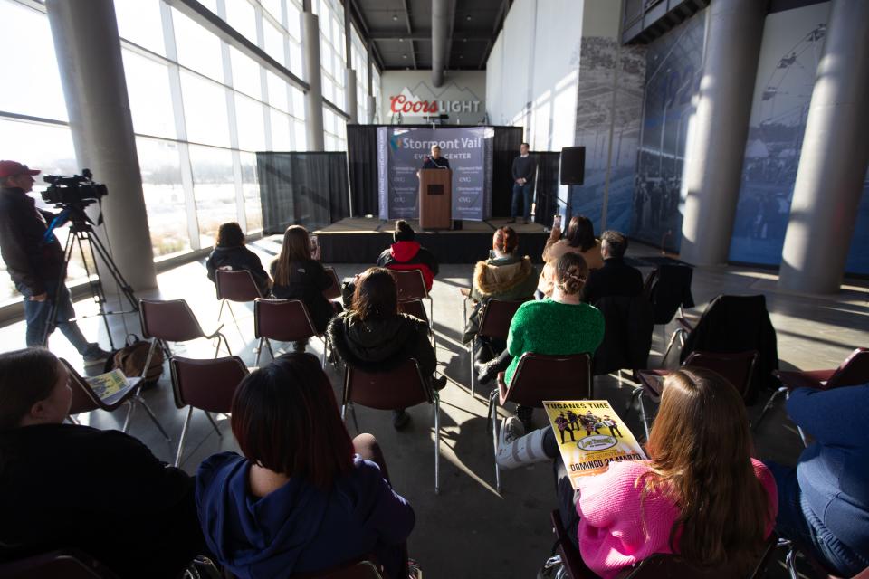 Topeka Mayor Mike Padilla makes remarks about the importance of including diverse artists to Topeka during Tuesday's announcement of Los Tucanes de Tijuana coming to the Stormont Vail Events Center in March.