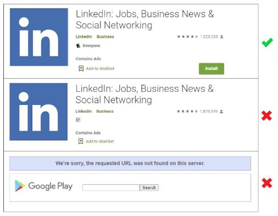 Attempting to download the LinkedIn app in the Google Play app store is a different experience in, from top to bottom, the U.S., Iran and Russia. <a href="https://www.usenix.org/system/files/sec22-kumar.pdf" rel="nofollow noopener" target="_blank" data-ylk="slk:Kumar et al.;elm:context_link;itc:0;sec:content-canvas" class="link ">Kumar et al.</a>, <a href="http://creativecommons.org/licenses/by-nd/4.0/" rel="nofollow noopener" target="_blank" data-ylk="slk:CC BY-ND;elm:context_link;itc:0;sec:content-canvas" class="link ">CC BY-ND</a>