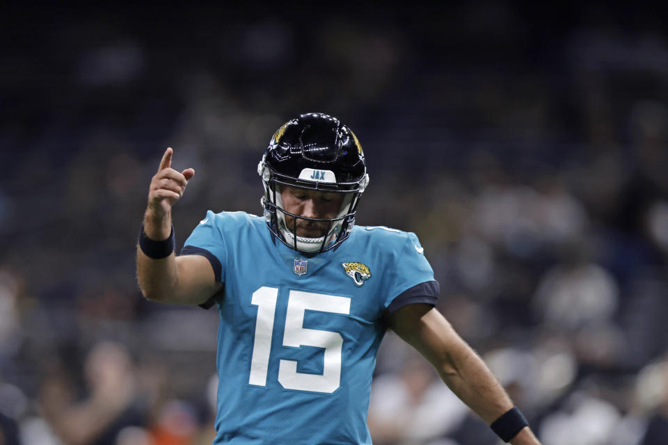 Jacksonville Jaguars quarterback Gardner Minshew (15) reacts in the second half of an NFL preseason football game against the New Orleans Saints in New Orleans, Monday, Aug. 23, 2021. (AP Photo/Brett Duke)