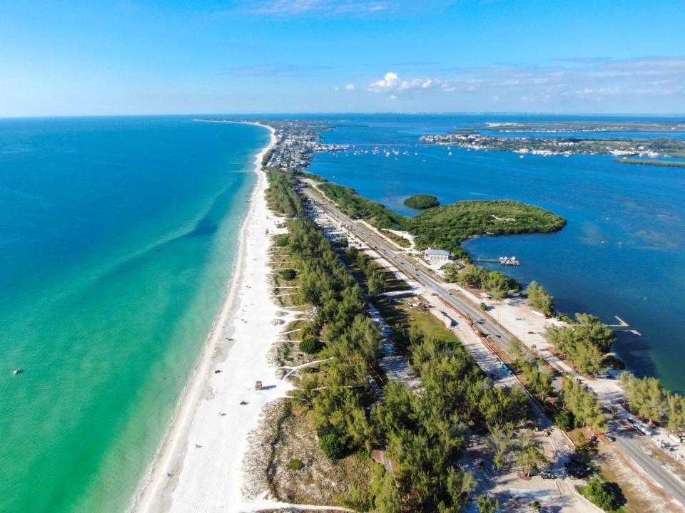 aerial view of anna maria island, white sand beaches and blue water