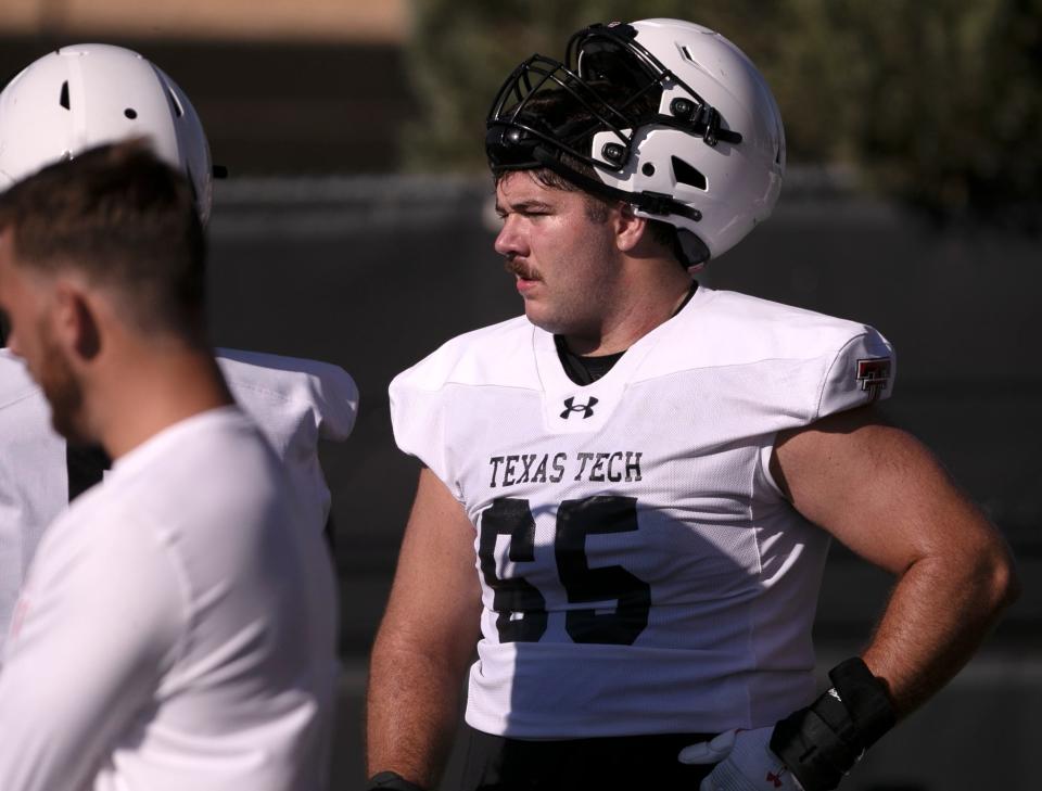 Texas Tech center Sheridan Wilson, shown during a 2023 preseason practice, is making a strong case to crack the starting lineup this spring. Offensive coordinator Zach Kittley said Wilson tops his list of most improved players.