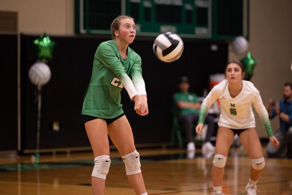 Mogadore's Brooklyn McIntyre hits the ball during a high school volleyball game against the Rootstown Rovers in Mogadore on Tuesday, Sept. 20.