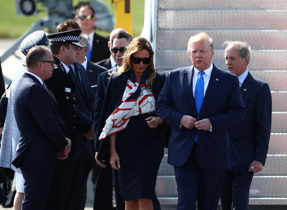 U.S. President Donald Trump and First Lady Melania Trump arrive for their state visit to Britain, at Stansted Airport near London, Britain, June 3, 2019. REUTERS/Hannah McKay