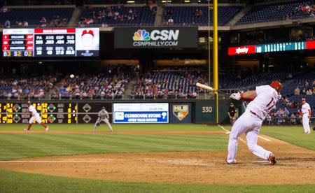 Sep 19, 2017; Philadelphia, PA, USA; Philadelphia Phillies left fielder Rhys Hoskins (17) hits a three RBI double during the seventh inning against the Los Angeles Dodgers at Citizens Bank Park. Mandatory Credit: Bill Streicher-USA TODAY Sports