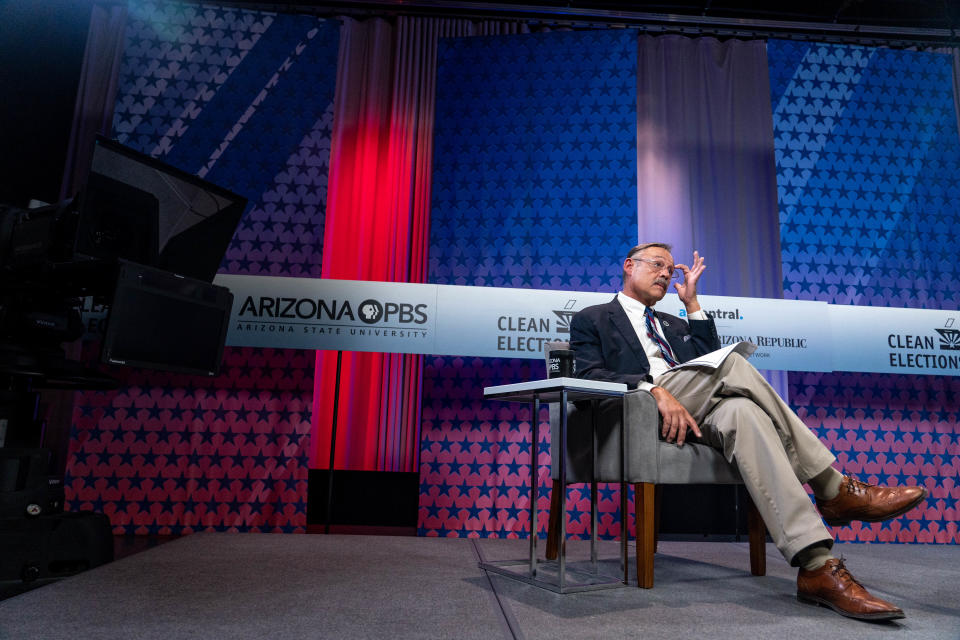 Mark Finchem, Republican candidate for secretary of state, attends a debate sponsored by the Arizona Clean Elections Commission at the Arizona PBS studios at the Walter Cronkite School of Journalism and Mass Communication at Arizona State University in Phoenix on September 22, 2022.