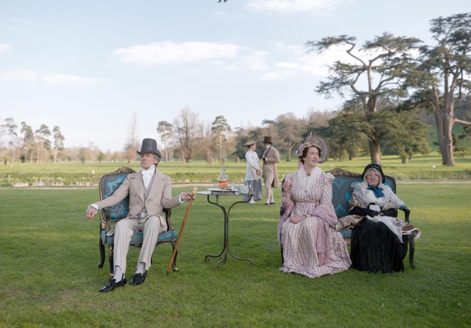 (L to R) Bill Nighy as Mr. Woodhouse, Miranda Hart as Miss Bates, and Myra McFadyen as Mrs. Bates.