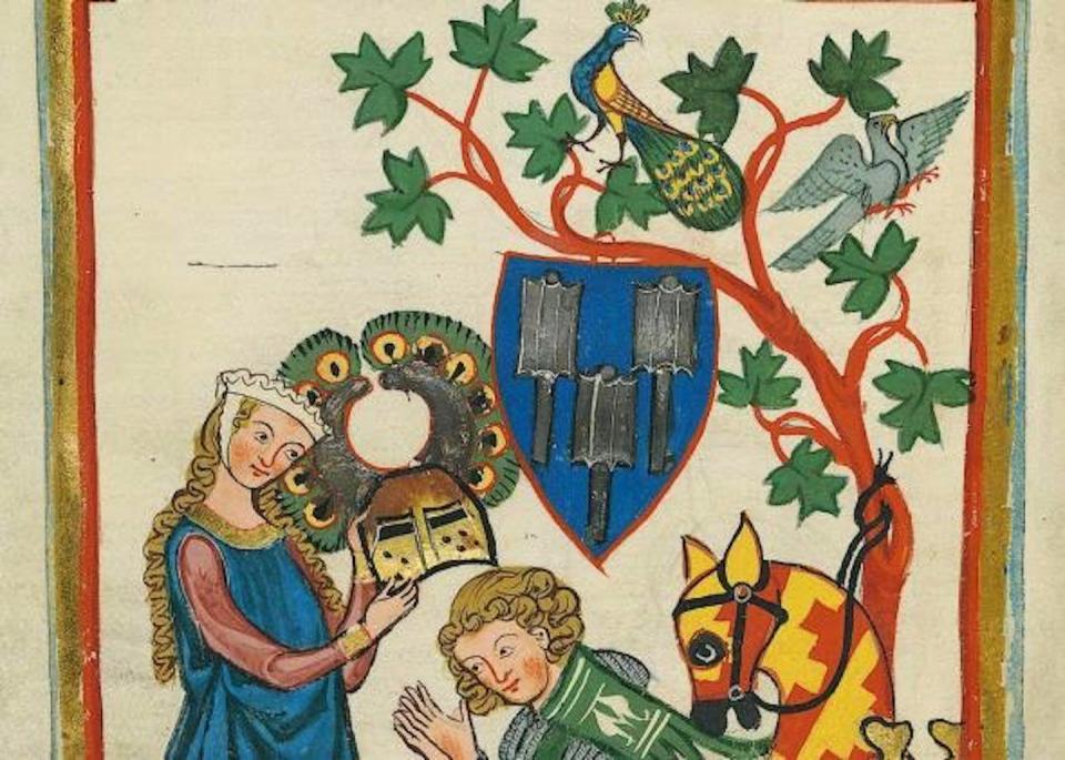 An early 14th-century German manuscript depicting a knight and his lady. Wikimedia Commons