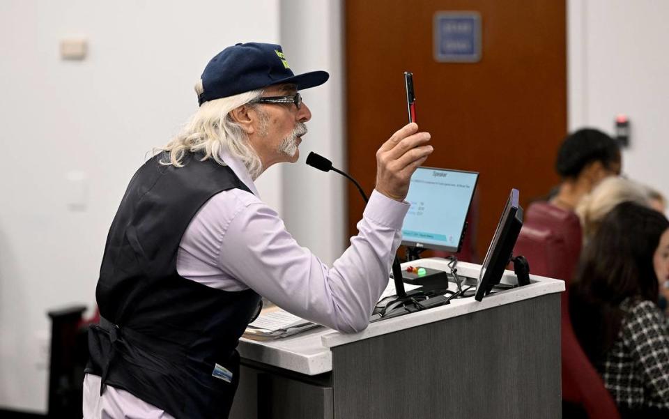 Tim Richey, the founder and president of March against Mosaic addresses the Manatee County Board of Commissioners during a meeting on Tuesday, Feb. 27, 2024.