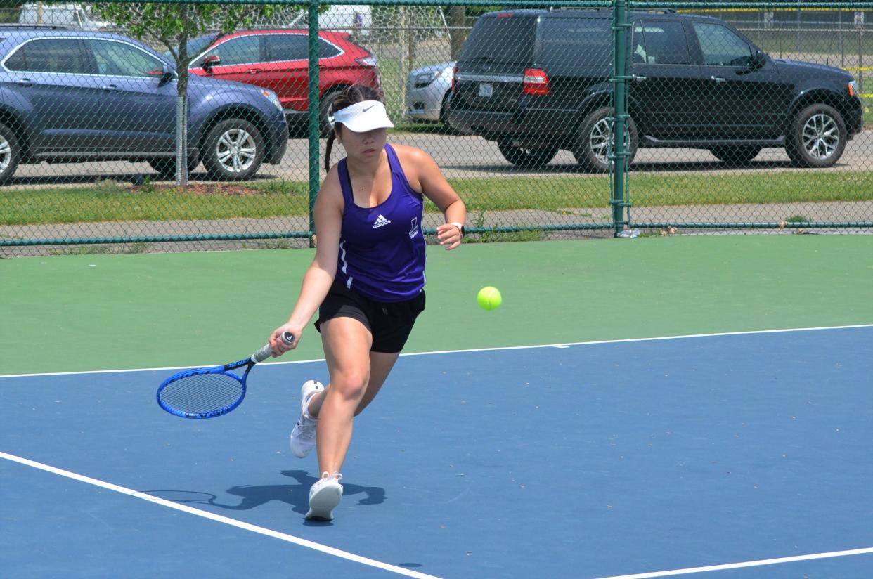 Lakeview's No. 2 singles player Rebecca Lin returns a shot during the 2023 All-City Girls Tennis Tournament at Lakeview High School on Wednesday.