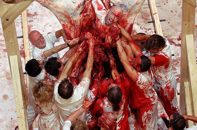 Nitsch's installation uses meat, fish, fruit and blood in live performers with an orchestra as part of the performance. Picture: Georg Soulek/MONA