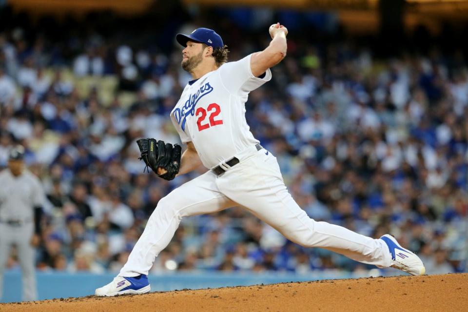 Dodgers starting pitcher Clayton Kershaw delivers against the New York Yankees on Friday.