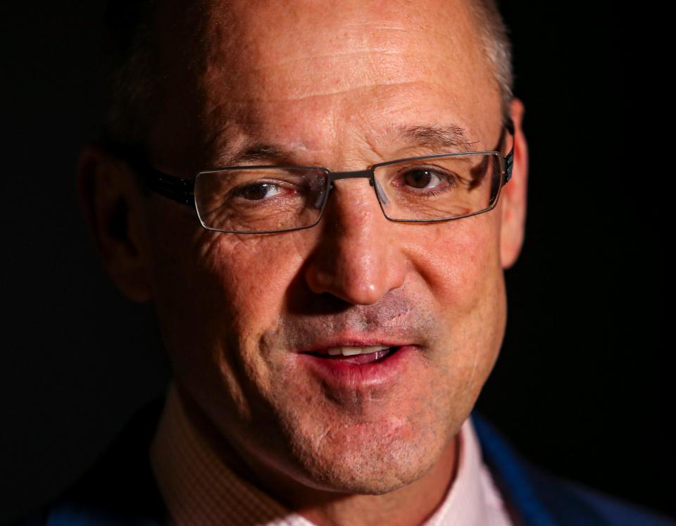 Coachella Valley head coach Dan Bylsma talks with media after the game at Acrisure Arena in Palm Desert, Calif., Sunday, Dec. 18, 2022. 