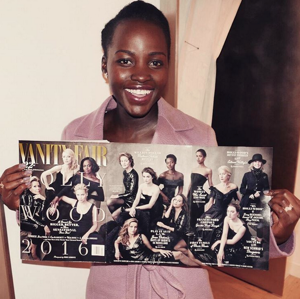 Lupita Nyong'o, flashing a copy of Vanity Fair’s Hollywood issue, which features her alongside a dozen other accomplished actresses: “#hardcopy = grin. @vanityfair” -@lupitanyongo (Photo: Instagram)