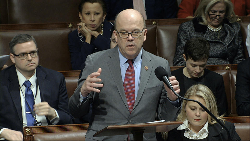 House Rules Committee chairman Rep. Jim McGovern, D-Mass., speaks as the House of Representatives debates the articles of impeachment against President Donald Trump at the Capitol in Washington, Wednesday, Dec. 18, 2019. (House Television via AP)