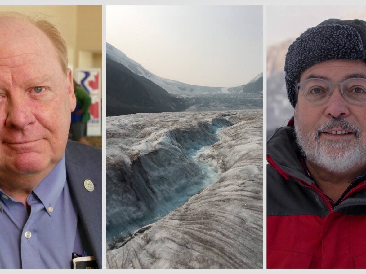 Bob Sandford, left, the Athabasca Glacier as seen in the summer of 2020, middle, and John Pomeroy, right. (David Stapleton/CBC, submitted by John Pomeroy, Helen Pike/CBC - image credit)