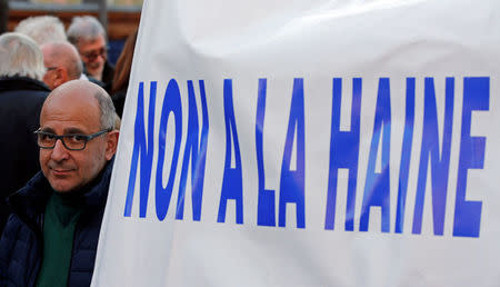 People attend a gathering, organized by CRIF Jewish organisation, in memory of Mireille Knoll, an 85-year-old Holocaust survivor stabbed and burnt in her Paris apartment in what authorities suspect could be an anti-Semitic murder, in Marseille, France March 28, 2018. REUTERS/Jean-Paul Pelissier