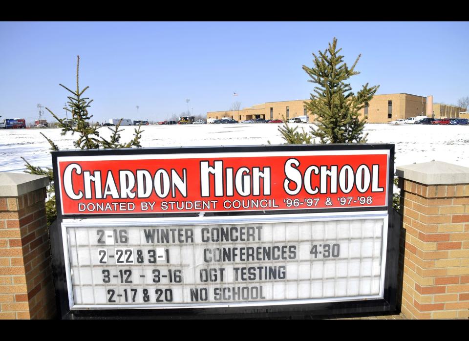 A sign in front of Chardon High School where a shooting took place on Feb. 27, 2012. A gunman, believed to be a student, opened fire inside the high school cafeteria, immediately killing one student and wounding two others. Two others later died from the injuries.