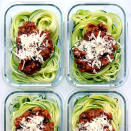 <p>Forgo regular pasta (and most of the carbs) for spiralized zucchini "noodles" in these make-ahead meals. The zoodles quickly turn tender-crisp as the veggie-packed Bolognese warms in the microwave. <a href="https://www.eatingwell.com/recipe/269846/zucchini-noodles-with-quick-turkey-bolognese/" rel="nofollow noopener" target="_blank" data-ylk="slk:View Recipe" class="link ">View Recipe</a></p>