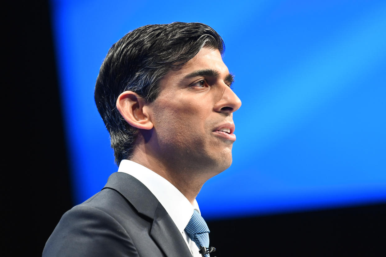 Chancellor of the Exchequer Rishi Sunak addresses the Conservative Party Conference in Manchester. Picture date: Monday October 4, 2021. Photo credit should read: Matt Crossick/Empics