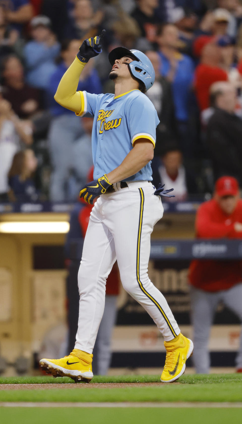 Milwaukee Brewers' Willy Adames gestures after his home run against the Los Angeles Angels during the first inning of a baseball game Friday, April 28, 2023, in Milwaukee. (AP Photo/Jeffrey Phelps)