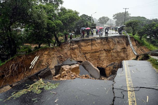 PHOTO: A road connecting the two cities of Blantyre and Lilongwe is seen damaged following heavy rains caused by Tropical Cyclone Freddy in Blantyre, Malawi Tuesday, March 14 2023. (Thoko Chikondi/AP)