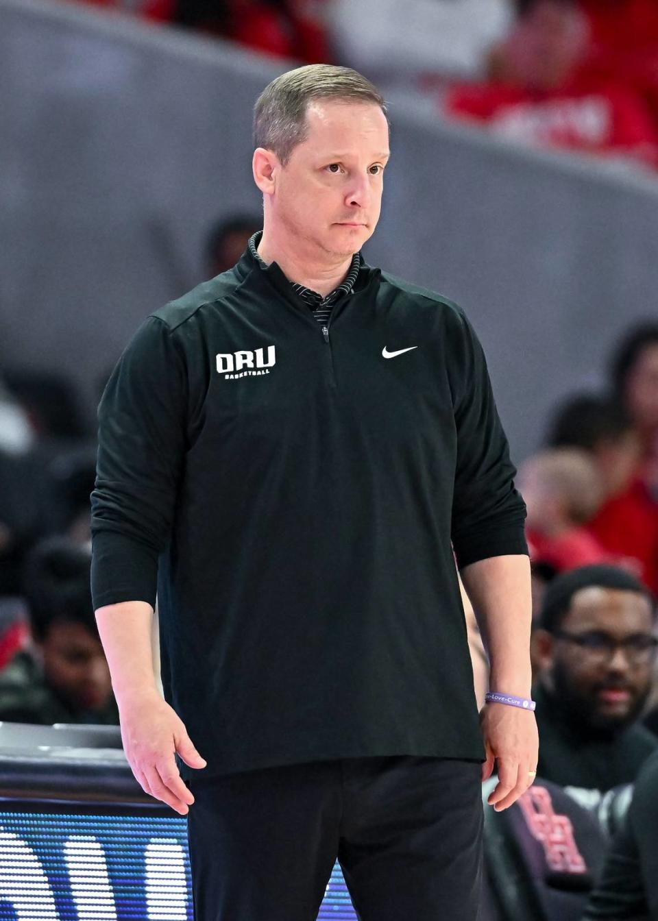 Oral Roberts Golden Eagles head coach Paul Mills looks on during the second half against the Houston Cougars at Fertitta Center in Houston on Nov. 14, 2022.