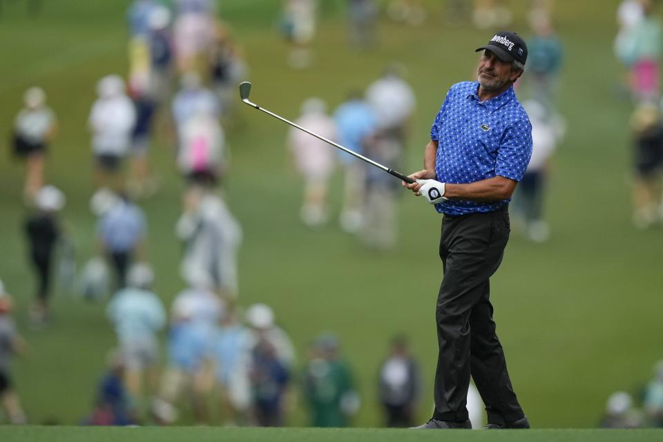 Jose Maria Olazabal, of Spain, hits from the fairway on the first hole during the first round at the Masters golf tournament at Augusta National Golf Club Thursday, April 11, 2024, in Augusta, Ga. (AP Photo/Matt Slocum)
