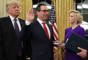 From left: President Trump, Steven Mnuchin and Louise Linton at his swearing-in ceremony