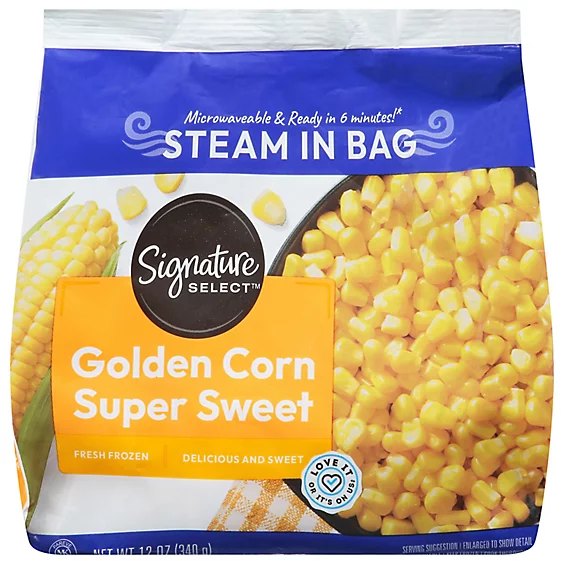 Front packaging of Signature Select's Golden Corn Super Sweet, showing corn kernels and cooking instructions. Text advertises "Microwaveable & Ready in 6 minutes."