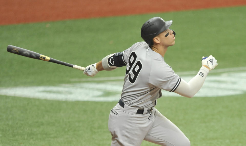 New York Yankees' Aaron Judge bats against the Tampa Bay Rays during a baseball game Sunday, Aug. 9, 2020, in St. Petersburg, Fla. (AP Photo/Steve Nesius)