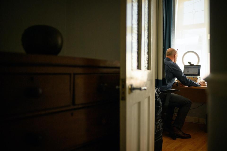 Crisis Volunteer David Whiting sits in his office, where he usually responds to texters for the crisis text service Shout 85258 on June 01, 2020 at his home in the Sidcup area of London, United Kingdom: Leon Neal/Getty Images