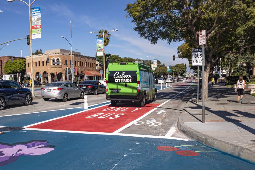 MOVE Culver City is a new initiative that reconfigures pedestrian, traffic, bus, and bicycle lanes in downtown Culver City to reduce congestion and emissions. Los Angeles, California, USA. (Photo by: Citizen of the Planet/UCG/Universal Images Group via Getty Images)