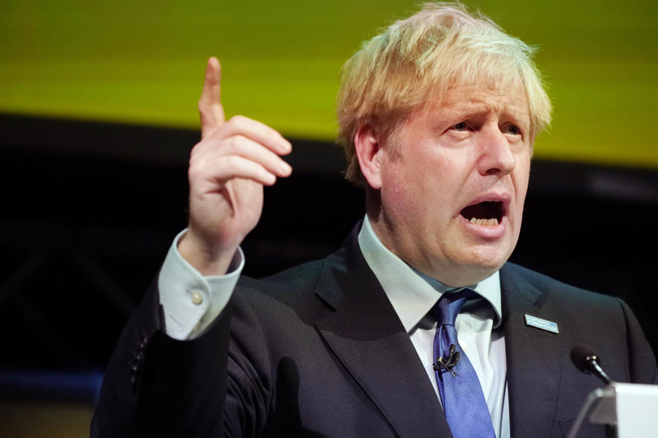 Britain's Prime Minister Boris Johnson makes a speech at the Convention of the North at the Magna Centre in Rotherham, England, Friday, Sept. 13, 2019. Johnson will meet with European Commission president Jean-Claude Juncker for Brexit talks Monday in Luxembourg. The Brexit negotiations have produced few signs of progress as the Oct. 31 deadline for Britain’s departure from the European Union bloc nears. (Christopher Furlong/Pool photo via AP)