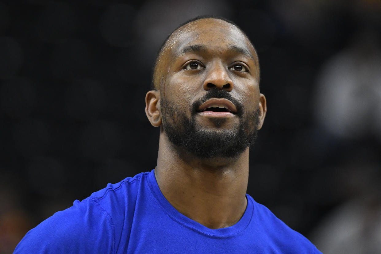 SALT LAKE CITY, UTAH - FEBRUARY 07: Kemba Walker #8 of the New York Knicks warms up before a game against the Utah Jazz at Vivint Smart Home Arena on February 07, 2022 in Salt Lake City, Utah. NOTE TO USER: User expressly acknowledges and agrees that, by downloading and or using this photograph, User is consenting to the terms and conditions of the Getty Images License Agreement. (Photo by Alex Goodlett/Getty Images)