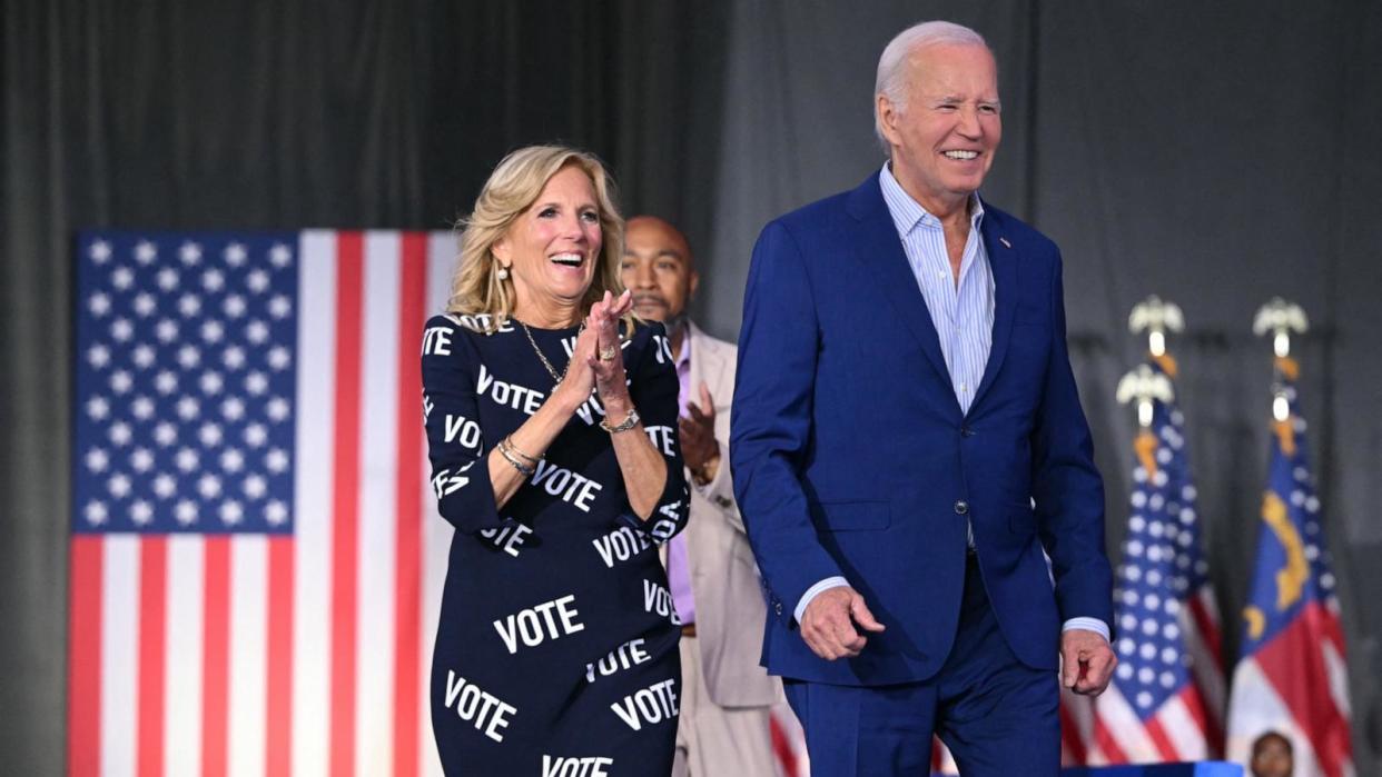 PHOTO: President Joe Biden and First Lady Jill Biden arrive for a post-debate rally in Raleigh, North Carolina, June 28, 2024. (Mandel Ngan/AFP via Getty Images)