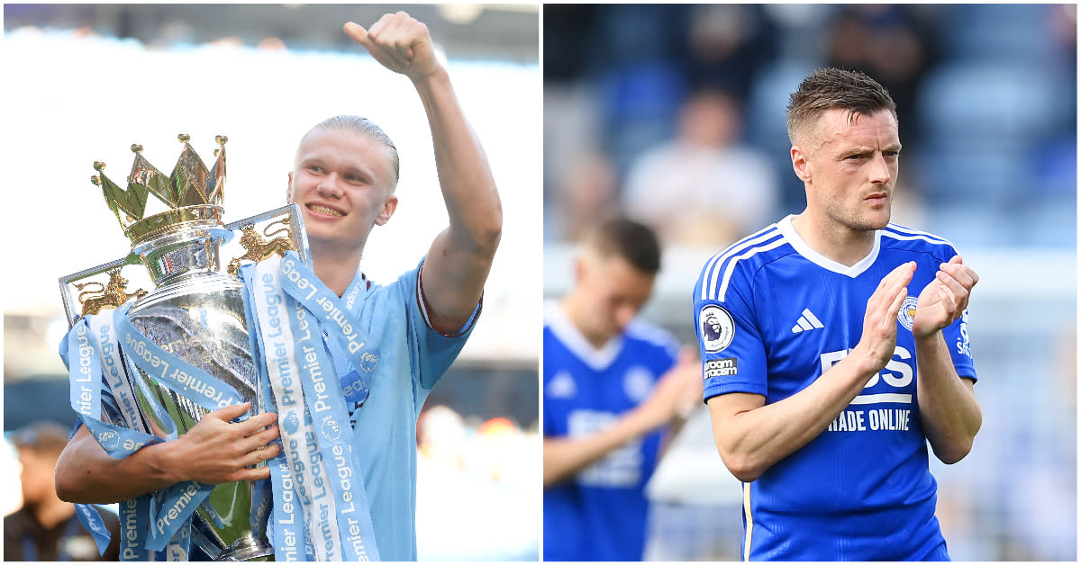 Manchester City's Erling Haaland (left) celebrates winning his first EPL title, while Leicester City's Jamie Vardy acknowledges fans after the club's relegation. (PHOTOS: Getty Images).