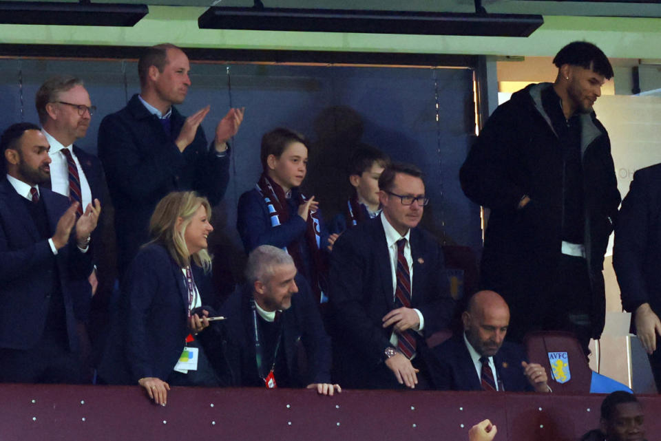 BIRMINGHAM, ENGLAND - APRIL 11: Prince William, Prince of Wales and Prince George of Wales look on alongside Tyrone Mings of Aston Villa during the UEFA Europa Conference League 2023/24 Quarter-final first leg match between Aston Villa and Lille OSC at Villa Park on April 11, 2024 in Birmingham, England.<p>Marc Atkins/Getty Images</p>