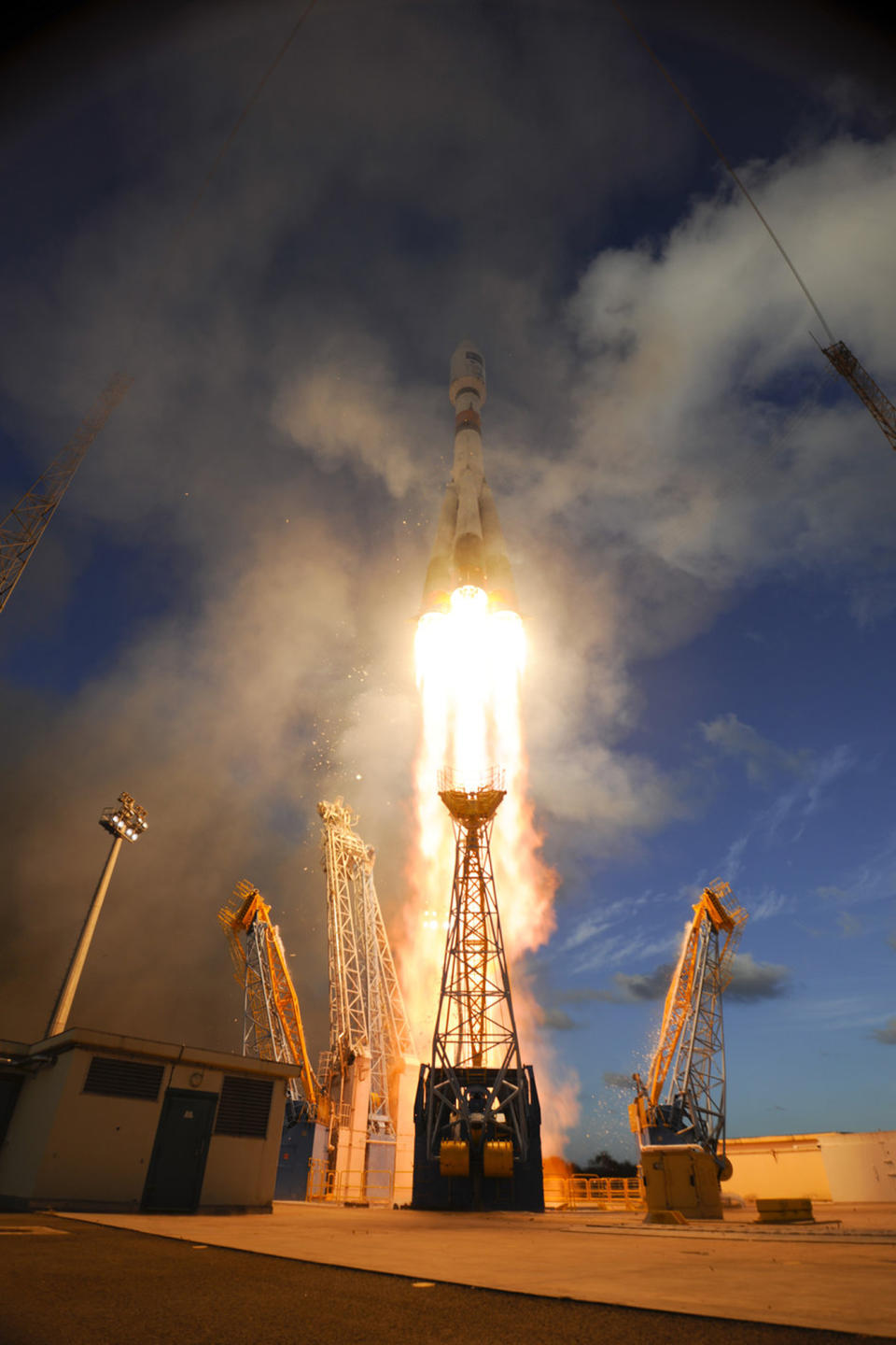 This image publicly provided by the European Space Agency ESA, shows Sentinel-1A satellite as it lifts off from Europe’s Spaceport in Kourou, French Guiana, on Thursday, April 3, 2014. ESA said Friday, April 4, 2014, it has successfully launched the first in a series of satellites that will form the nucleus of its new Copernicus monitoring system, which is aimed at providing better and quicker information about natural disasters and other catastrophes. (AP Photo/European Space Agency, ESA/Stephane Corvaja) MANDATORY CREDIT