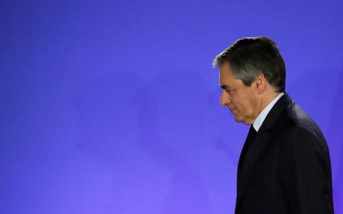 Fillon leaves the stage after delivering a speech upon losing in the first round of France's 2017 election - Credit: Rex