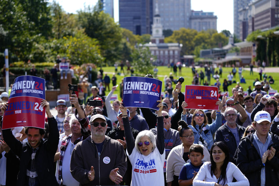 Supporters react as Presidential candidate Robert F. Kennedy, Jr. speaks during a campaign event at Independence Mall, Monday, Oct. 9, 2023, in Philadelphia. (AP Photo/Matt Rourke)
